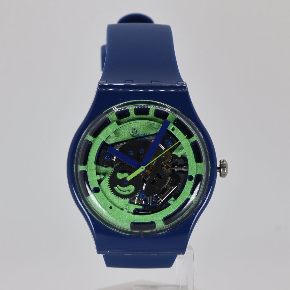 LIMITED SWISS SWATCH New Gent 41MM - SUON147 - GREEN ANATOMY - New Blue Skeleton